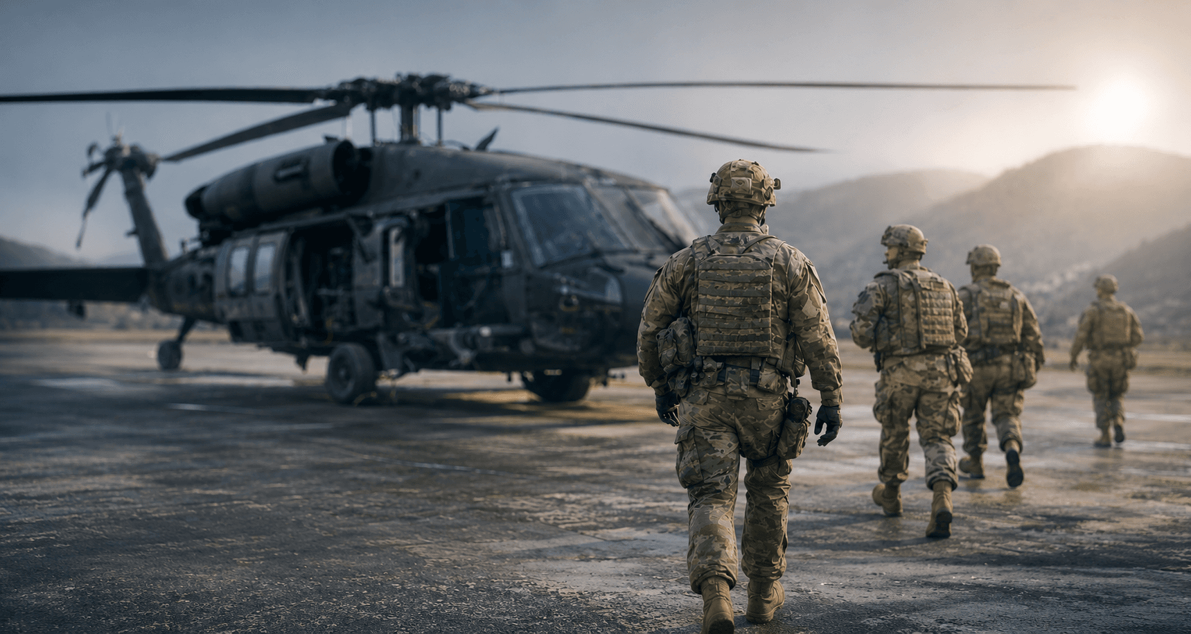 Military helicopter and service members walking near an airfield